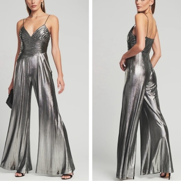 Retrofete Pants - RETROFETE EVERLY METALLIC SILVER GUNMETAL FLARE WIDE LEG JUMPSUIT
